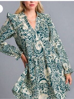 Umgee Teal and Cream Floral V-Neck Tiered Long Sleeve Dress